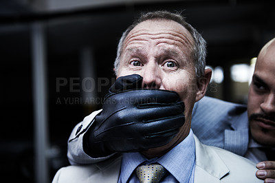 Buy stock photo Man, business and kidnapping or hand on mouth or quiet abduction, corporate interrogation or ransom professional. Male person, criminal hitman and capture at work or fraud gangster, revenge or scared