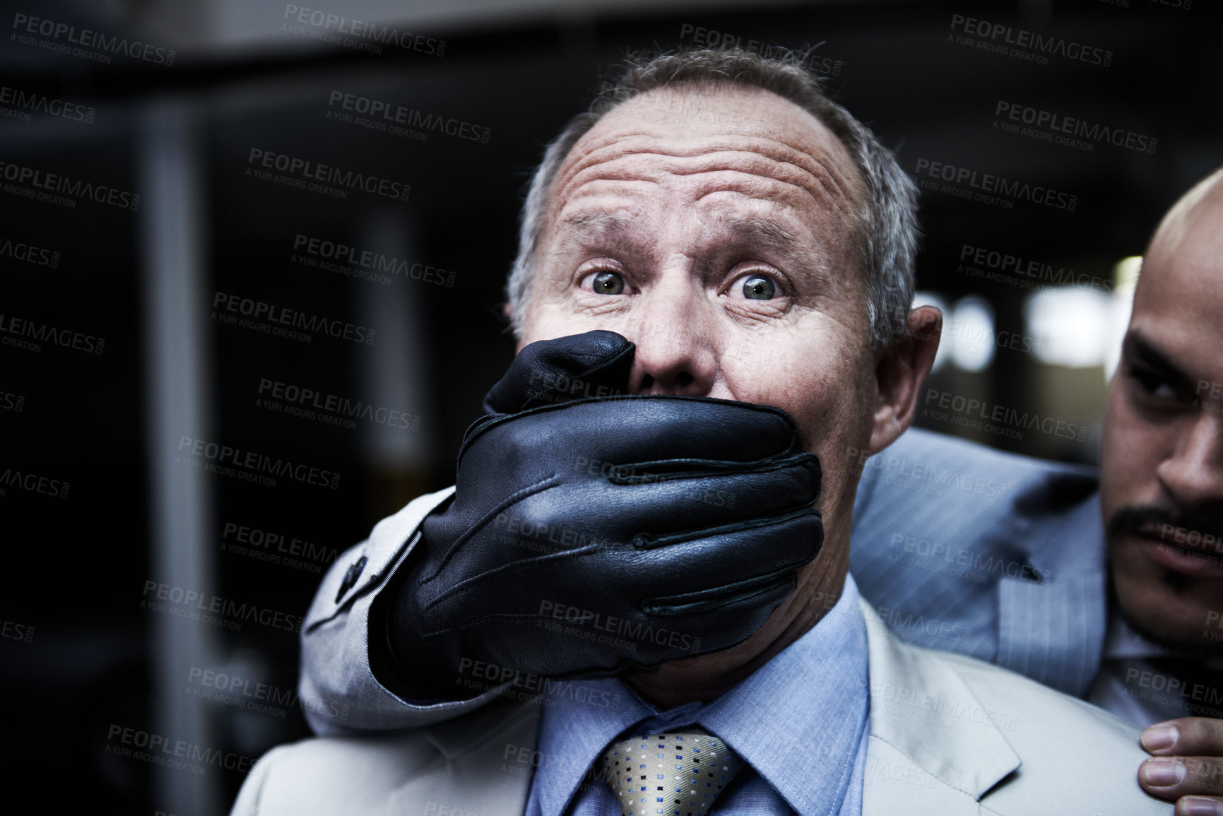 Buy stock photo Man, business and kidnapping or hand on mouth or quiet abduction, corporate interrogation or ransom professional. Male person, criminal hitman and capture at work or fraud gangster, revenge or scared