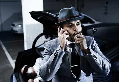 Buy stock photo Smoking, car and man with hostage in trunk for negotiation, kidnapping ransom and phone call. Mafia, gangster criminal and business person in boot for abduction, danger and robbery in parking lot