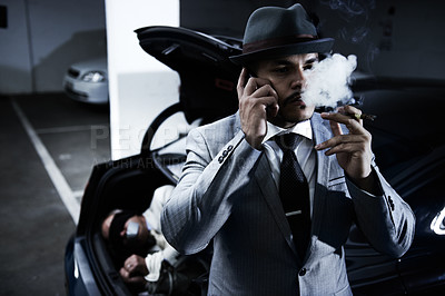 Buy stock photo Mafia, car and man with hostage in trunk for negotiation, kidnapping ransom and crime. Business, gangster criminal smoking and person in boot for abduction, danger and robbery in parking lot or smoke