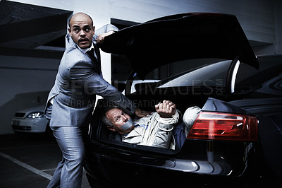 Buy stock photo Man in car, kidnapping and mafia with fear, danger and violence in basement garage. Crime, human trafficking and scared person tied with rope in trunk in parking lot with gangster, ransom and terror.