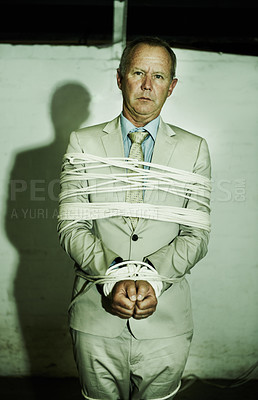 Buy stock photo Businessman, crime and rope kidnapping or scared of corporate ransom, hostage or abduction terror. Male person, tied up for gangster mafia robbery or robber victim or hitman, revenge in parking lot