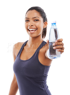 Buy stock photo Happy woman, fitness and portrait with water bottle in studio for exercise, workout and wellness on white background. African athlete with drink for hydration, nutrition and healthy diet for energy