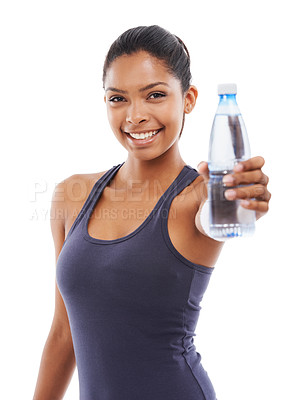 Buy stock photo Woman, water and smile in portrait for fitness, studio and liquid for health and wellness. Happy athlete, female person and pride on face for hydration, weight loss and detox by white background