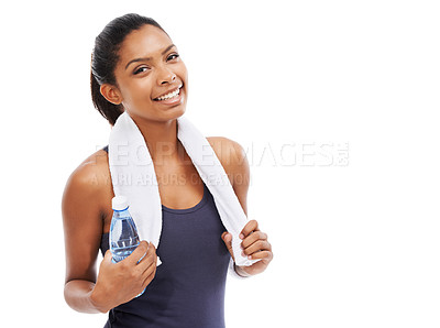 Buy stock photo Happy woman, portrait and fitness with water bottle and towel for workout against a white studio background. Face of female person smile with natural mineral drink for hydration in exercise on mockup