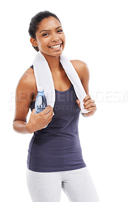 Buy stock photo Woman, fitness and portrait with bottle, towel and smile for exercise, workout and training in studio on white background. Happy african athlete with water for hydration, wellness and healthy sports