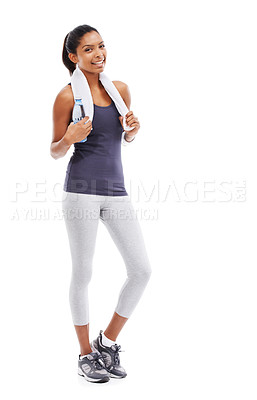 Buy stock photo Woman, fitness and portrait with water and towel for workout, training and exercise in studio. Happy, smile and female athlete with drink and bottle with break after sport with white background