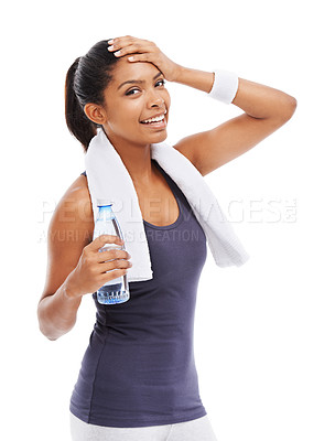 Buy stock photo Woman, water and sweat in portrait for fitness, studio and liquid for health and wellness. Happy athlete, female person and pride on face for hydration, weight loss and detox by white background