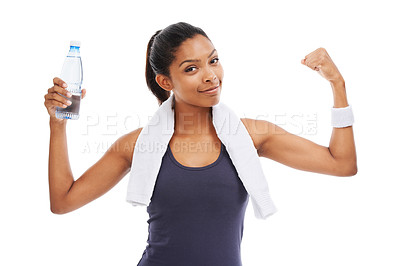 Buy stock photo Woman, flexing muscles and water in portrait, studio and liquid for health and wellness. Happy athlete, female person and pride on face for strong biceps, fitness and empowerment by white background