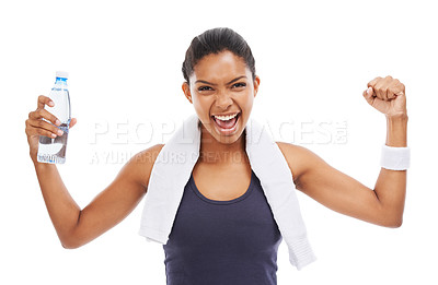 Buy stock photo Woman, flexing muscles and energy in portrait, studio and liquid for health and wellness. Athlete, female person and pride on face for strong biceps, water bottle and empowerment by white background