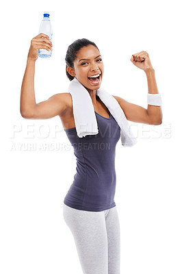 Buy stock photo Woman, fitness flex and excited portrait with water for workout, training and exercise in studio. Happy, smile and female athlete with drink and bottle with break after sport with white background