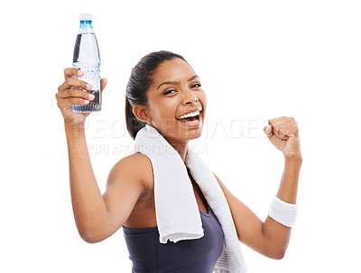 Buy stock photo Woman, water bottle and energy in portrait for hydration, studio and liquid for health and wellness. Athlete, female person and pride on face for fitness, celebrate and detox by white background