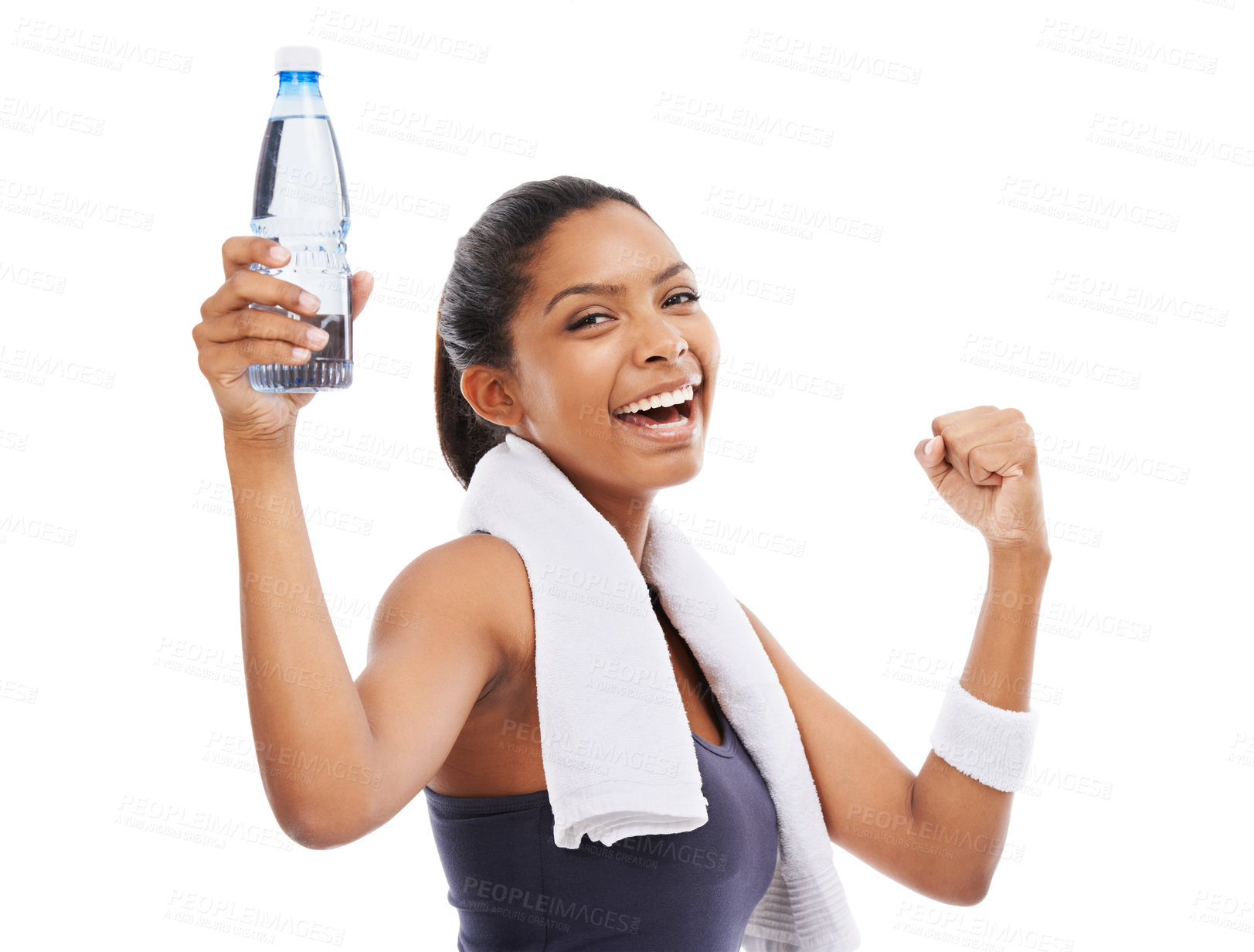 Buy stock photo Woman, water bottle and energy in portrait for hydration, studio and liquid for health and wellness. Athlete, female person and pride on face for fitness, celebrate and detox by white background