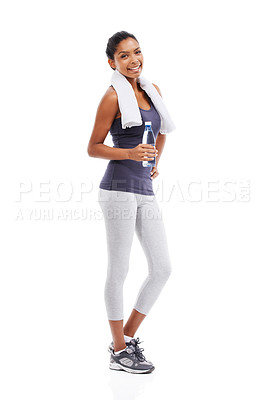 Buy stock photo Woman, fitness and health portrait with water and towel for workout, training and exercise in studio. Happy, smile and athlete with drink and bottle with break after sport with white background