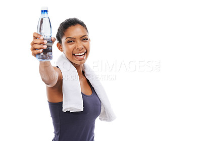 Buy stock photo Woman, water bottle and smile in portrait for hydration, studio and liquid for health and wellness. Athlete, female person and pride on face for fitness, weight loss and detox by white background