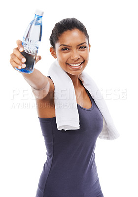Buy stock photo Woman, liquid and smile in portrait for workout, studio and water bottle for health and wellness. Athlete, female person and pride on face for fitness, weight loss and detox by white background