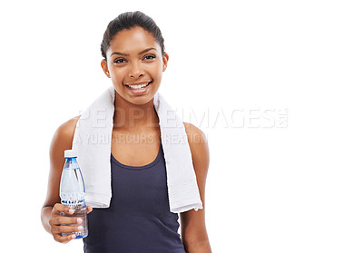 Buy stock photo Portrait, water and towel for fitness with a woman in studio isolated on a white background for health. Exercise, smile and wellness with a happy young athlete at the gym for a workout or training