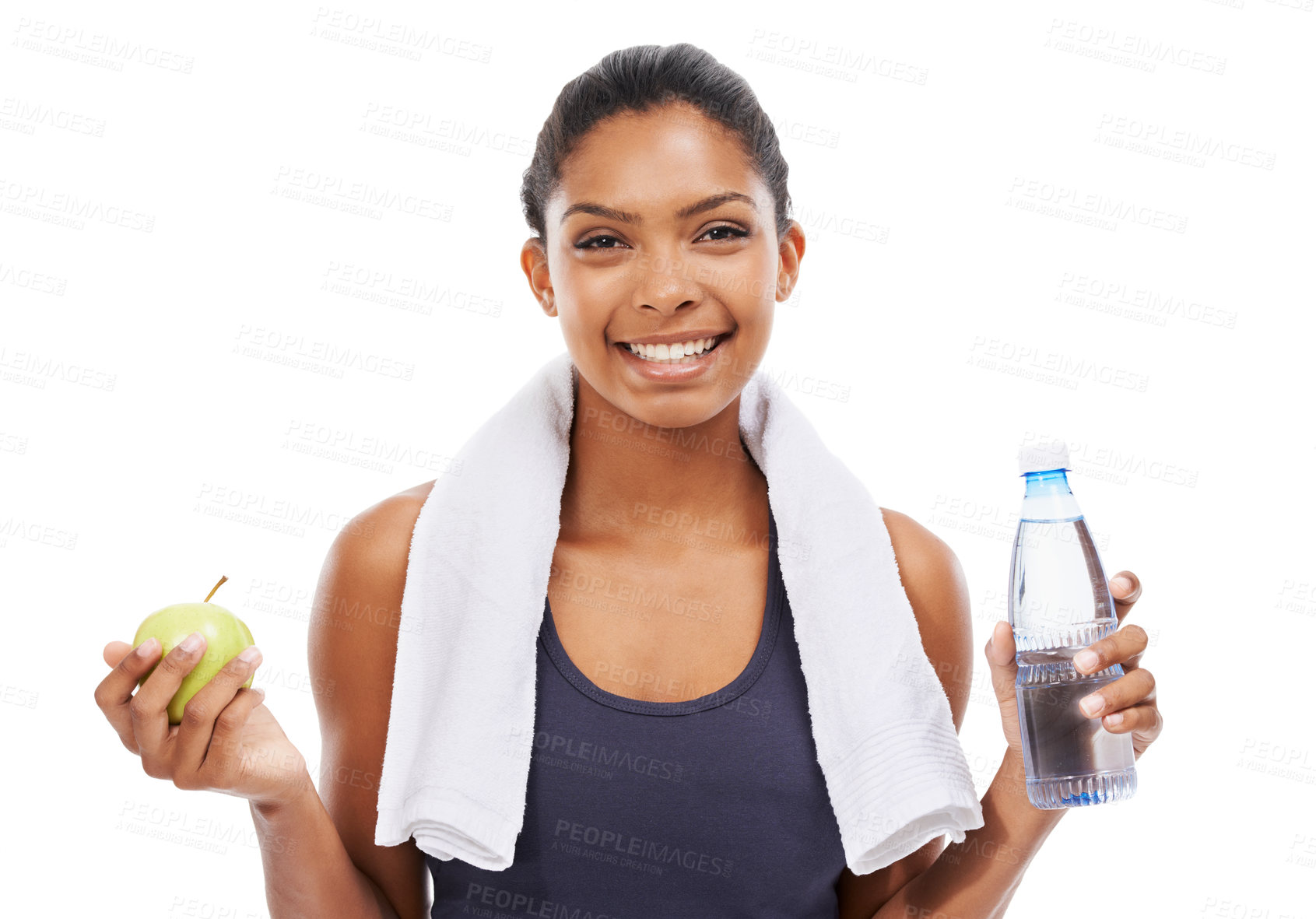 Buy stock photo Portrait, apple and water for fitness with a woman in studio isolated on a white background for health. Exercise, smile and towel with a confident young athlete at the gym for training or nutrition