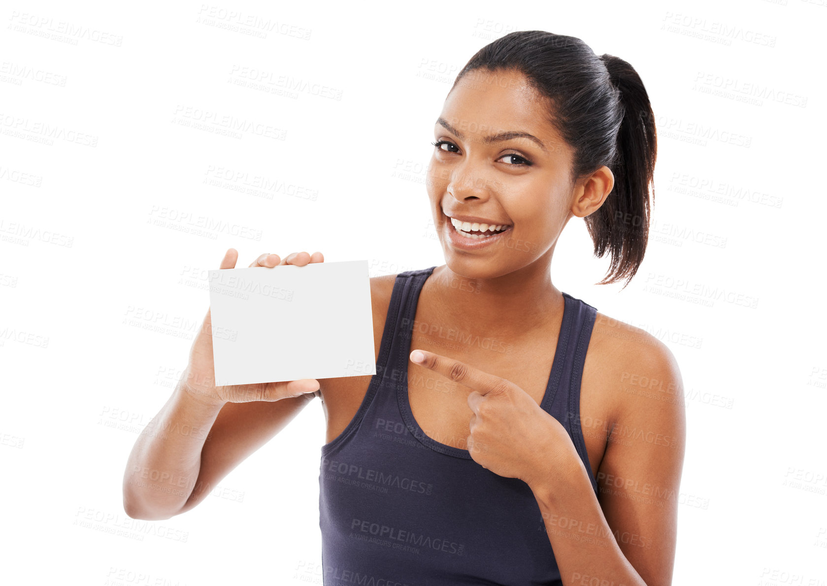 Buy stock photo Woman, blank card and portrait in studio, mockup and sign up or information or offer. Happy female person, paper and advertising on placard for membership promotion or news by white background