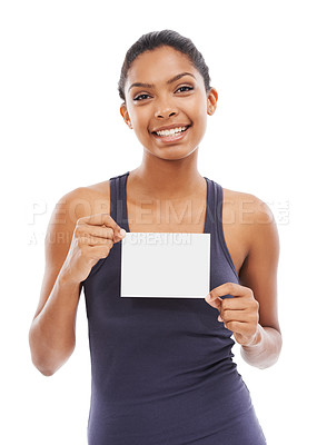 Buy stock photo Blank paper, happy woman and poster with portrait for advertisement and promotion mockup in studio. Smile, deal and person with signage for advertising for sale or discount with white background 