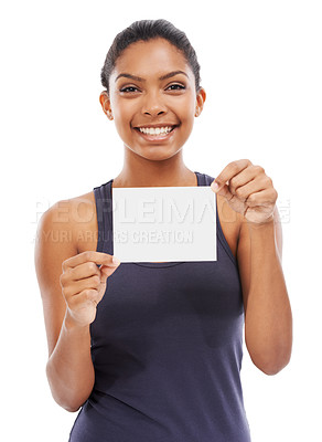 Buy stock photo Blank paper, woman and poster with portrait for advertisement and promotion mockup in studio. Smile, happy and female person with signage for advertising for sale or discount with white background 