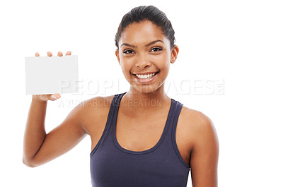 Buy stock photo Blank card, woman and announcement with portrait for advertisement and promotion mockup in studio. Smile, happy and person with signage for advertising for sale or discount with white background 