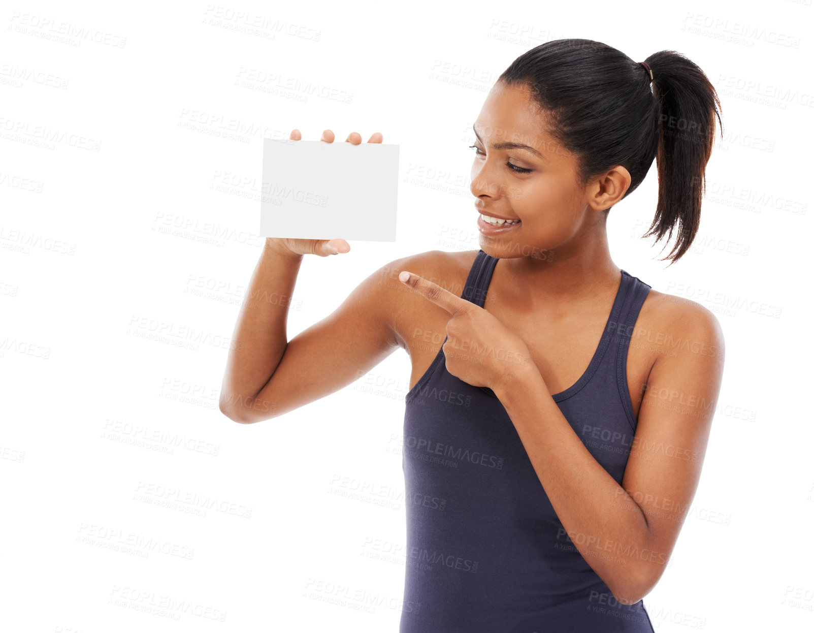 Buy stock photo Smile, space and a woman pointing to an empty card in studio isolated on a white background for information. Advertising, marketing or contact us with a happy young person holding a piece of paper