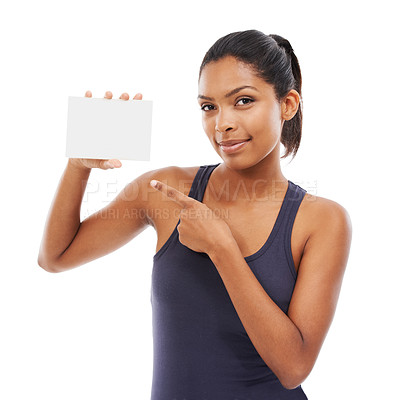 Buy stock photo Blank, card and portrait of woman pointing to advertising, poster or mock up space in white background of studio. Indian, model and hand gesture to sign, post and paper for promotion or information