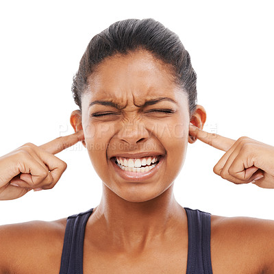 Buy stock photo Face, sound and fingers in ears with an eyes closed woman in studio isolated on a white background. Stress, anxiety or loud with a frustrated young person feeling unhappy or overwhelmed by noise