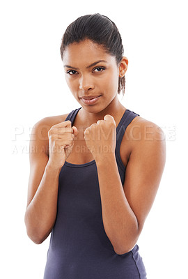 Buy stock photo Woman, portrait and hands for boxing punch or workout strength, sportswear or training mockup. Female person, face and confident for fitness health or white background, challenge progress or studio