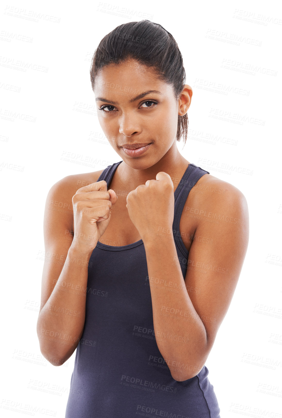 Buy stock photo Woman, portrait and hands for boxing punch or workout strength, sportswear or training mockup. Female person, face and confident for fitness health or white background, challenge progress or studio