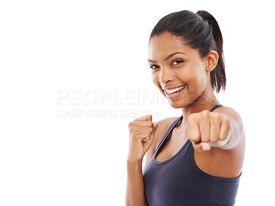 Buy stock photo Woman, portrait and hands for boxing fight in studio workout, sportswear or training mockup. Female person, face and confident for fitness health or white background, challenge progress or mma punch