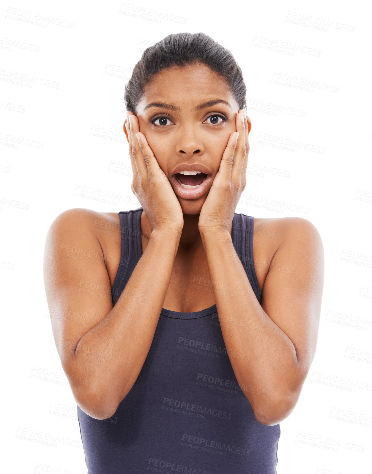 Buy stock photo Portrait, wow and shock with a young woman in studio isolated on a white background for reaction. Face, news and surprise with a young person looking amazed by an announcement or notification