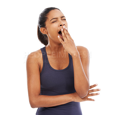 Buy stock photo A tired young woman yawning after an exhausting workout