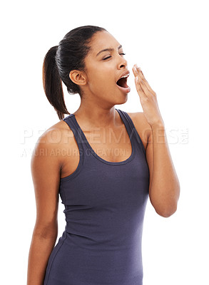 Buy stock photo Tired, yawn and young woman in studio with fatigue, exhaustion or burnout for insomnia problem. Sleepy, emoji and female person from rest with lazy, bored or low energy isolated by white background