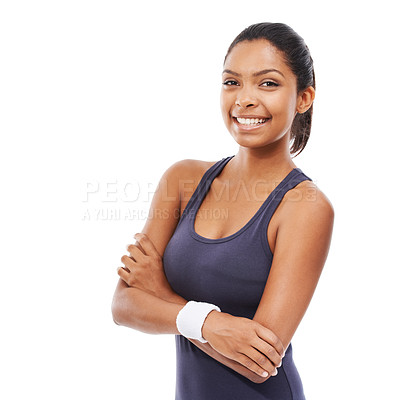 Buy stock photo Portrait, fitness and smile with a woman arms crossed in studio isolated on white background for health. Exercise, sports and happy with a confident young athlete at the gym for training or wellness