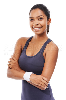 Buy stock photo Woman, confidence and smile in portrait for fitness, studio and happy for health and wellness. Female person, face and positive for workout and training or pride for weight loss by white background