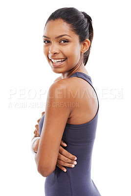 Buy stock photo Woman, confidence and portrait in studio for fitness, smile and happy for health and wellness. Female person, face and positive for workout and training or pride for weight loss by white background