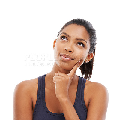 Buy stock photo Face, fitness and thinking with a young woman in studio isolated on a white background for mindfulness. Exercise, idea and a young athlete with a vision of training to improve health or wellness