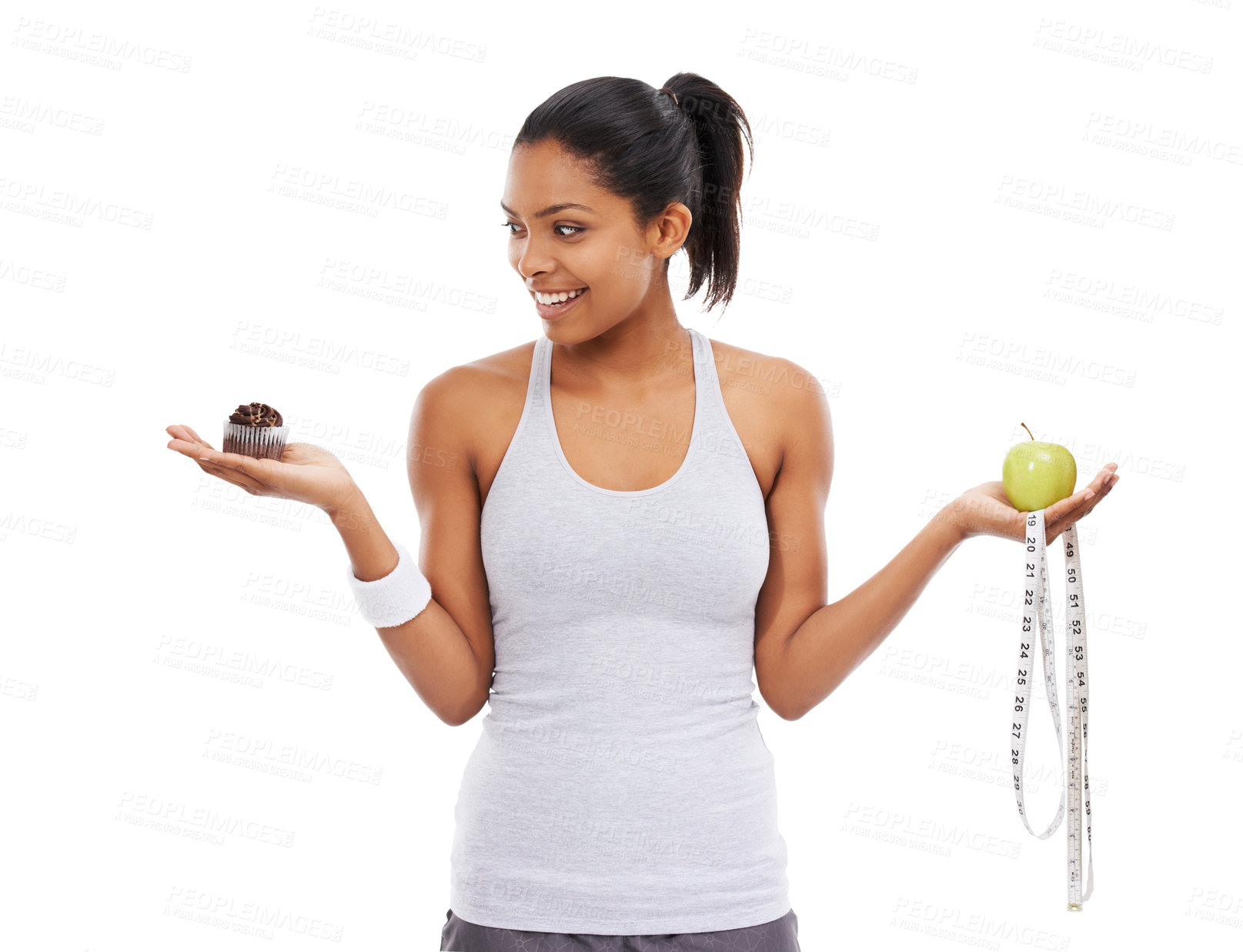 Buy stock photo Woman, apple and cake choice for diet in studio for weight loss decision, healthy eating or white background. Female person, hands and fruit or cupcake as mockup or tape measure, training or wellness