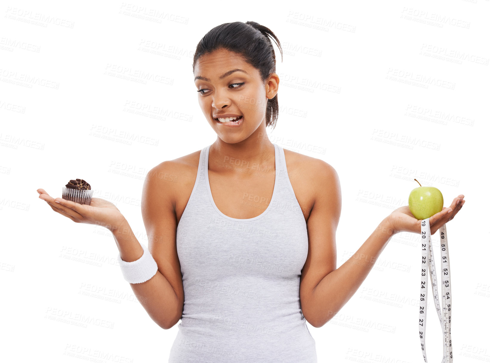 Buy stock photo Woman, apple and cupcake decision for diet in studio for weight loss choice, healthy eating or white background. Female person, fruit and dessert thinking for nutrition food, balance or mockup space