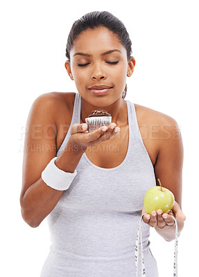 Buy stock photo Woman, cake and fruit choice diet or smell dessert for weight loss, nutrition decision or balance food. Female person, temptation and tape measure for goals mockup space, white background or studio