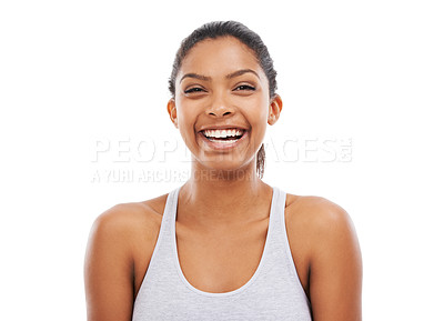 Buy stock photo Woman, portrait and smile in studio for training healthy, sportswear or exercise mockup. Female person, face and confident for fitness health or white background for cardio, challenge or progress