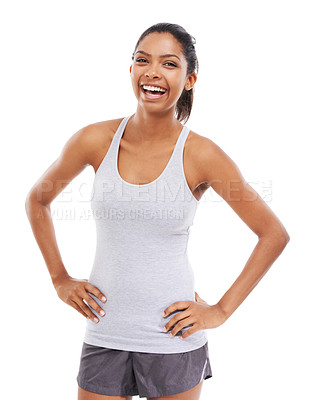 Buy stock photo Woman, portrait and smile in studio for exercise wellness, sportswear or training mockup. Female person, face and confident for fitness health or white background for cardio, challenge or progress