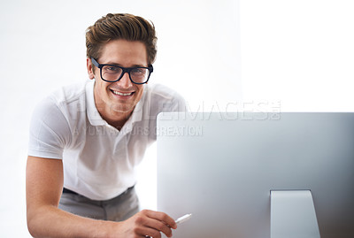 Buy stock photo Computer, happy man and portrait of technician with cable, hardware or mockup space. Pc, engineer and wire of nerd, smile and information technology professional, geek or employee in glasses in Spain