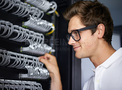 Buy stock photo Server room, information technology and man with cables for connectivity, night and check hardware. Cybersecurity system, it network or person for internet, data center or storage solution with ideas