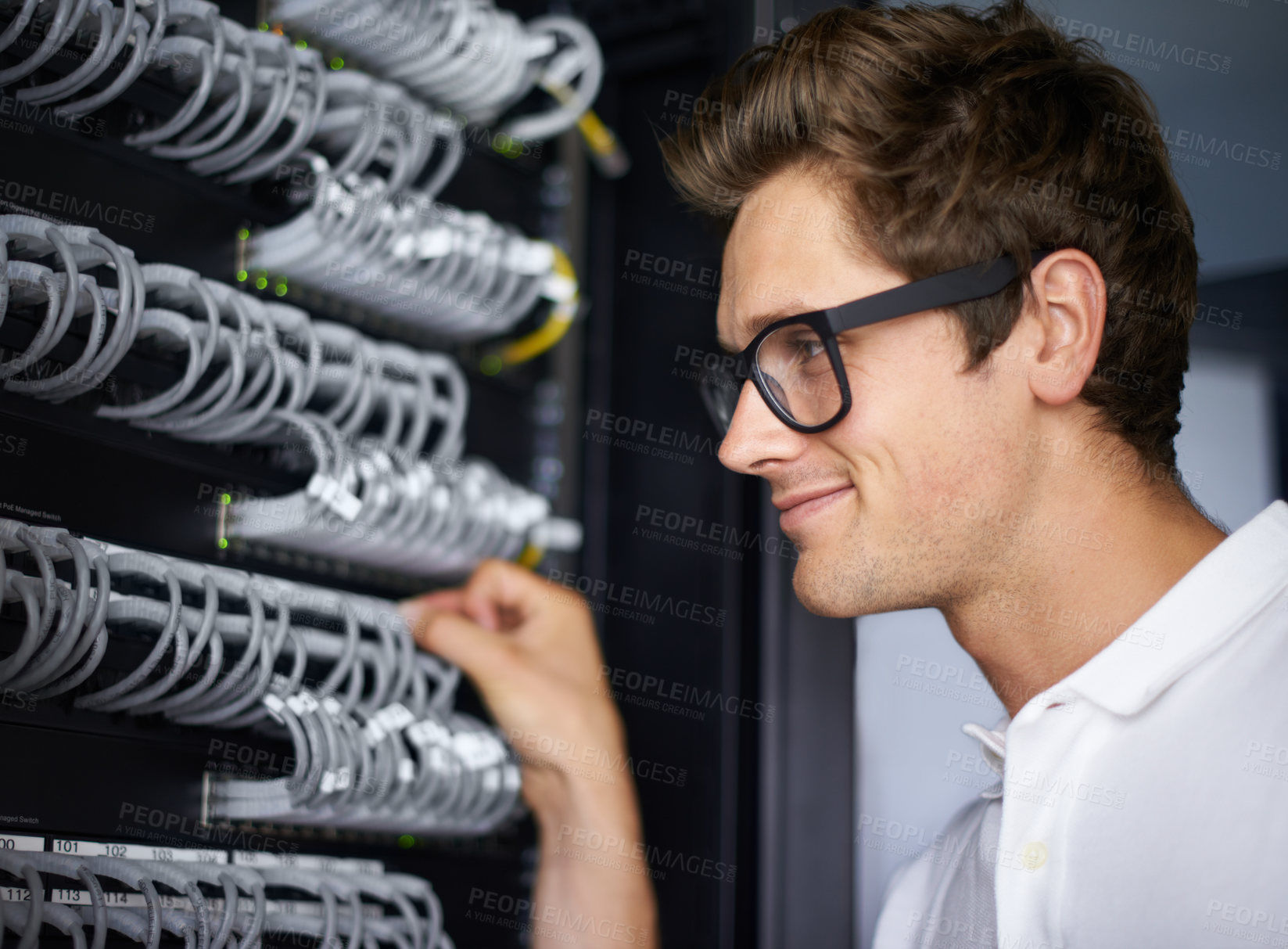 Buy stock photo Server room, information technology and man with cables for connectivity, night and check hardware. Cybersecurity system, it network or person for internet, data center or storage solution with ideas