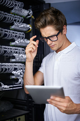 Buy stock photo Server room, information technology and man for thinking, tablet or check connectivity at night job. Cybersecurity system, it solution or person for internet glitch, data center or storage with idea