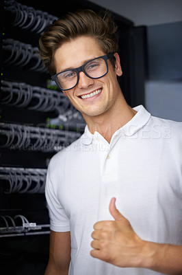 Buy stock photo Server room, information technology and man with thumbs up for connectivity, night and job. Cybersecurity system, it network or person for fiber internet, data center or storage with cable connection
