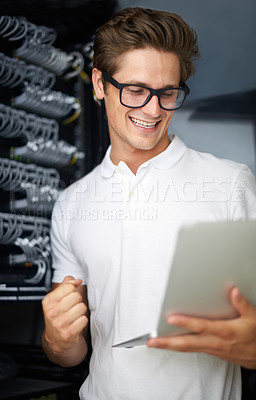 Buy stock photo Server room, information technology and man with laptop, connection or cheers at night job. Cybersecurity system, it network or person for fist celebration, database or storage with cable for success